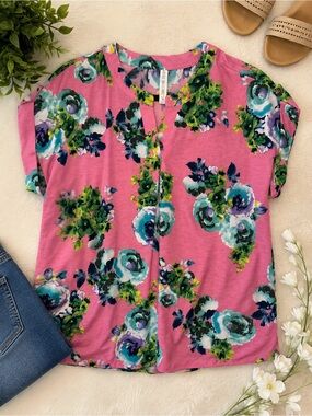 💗Dear Scarlett Pink Floral Roll Tab Sleeve Blouse Medium NWOT Stretch Career Top